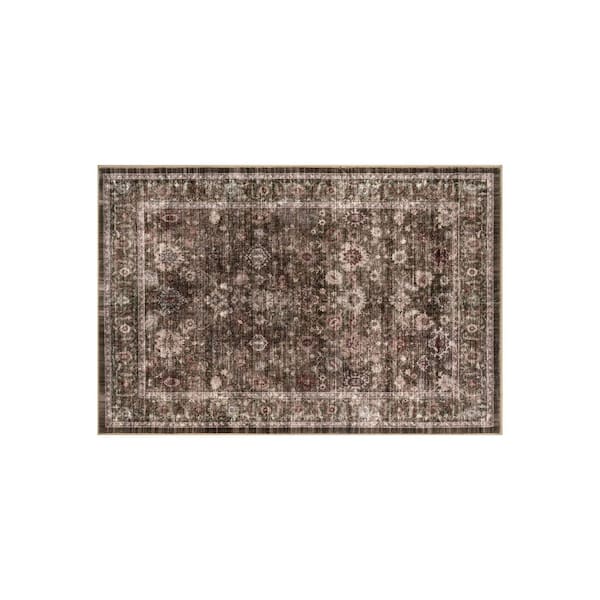 Vintage Floral Chestnut Brown Machine Washable Non-Slip Backing 2 ft. x 4 ft. Brown Area Rug