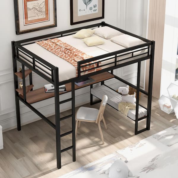 Black Full Size Loft Bed Frame with Long Desk and Storage Shelves, Metal Loft Bed with Ladder for Kids, Teens
