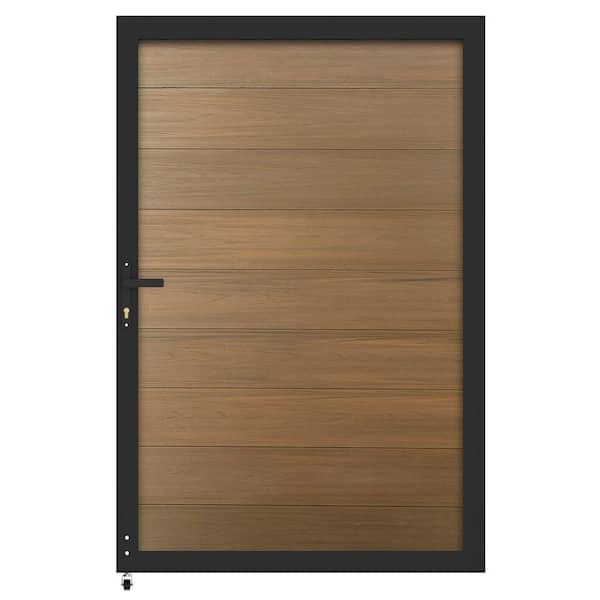 New Version Privacy 4 ft. W x 6 ft. H Aluminum Frame Fence Gate Brown Composite Panel with Security Lock System