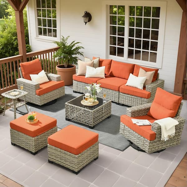 HOOOWOOO Kelleys 9-Piece Wicker Outdoor Patio Conversation Sofa Furniture Set with Swivel Chairs, Tables and Orange Red Cushions