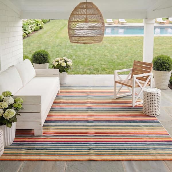 Cabana Ivory/Green 9 ft. x 12 ft. Striped Indoor/Outdoor Patio  Patio Area Rug