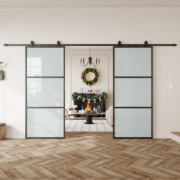 72 in. x 84 in. (Double 36 in doors) 3 Lite Frosted Glass Black Metal Frame Interior Sliding Barn Door with Hardware kit