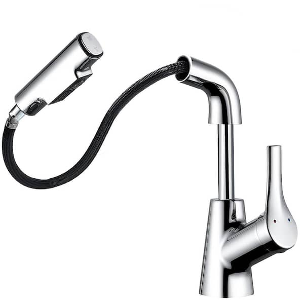 Single Handle Single Hole Pull Down Bathroom Faucet and 2-Spray Mode and Raised and Lowered Function in Polished Chrome