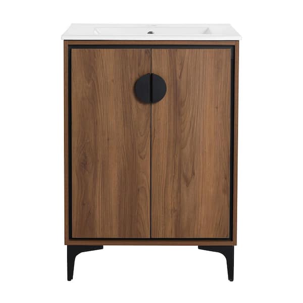24.02 in. W. x 18.31 in. D x 33.86 in. H Freestanding Bath Vanity in Brown with White Ceramic Vanity Top