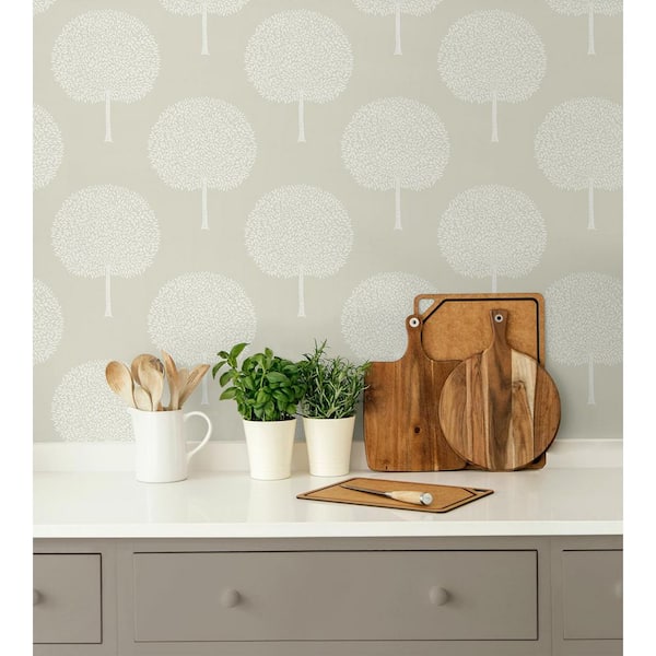 31.35 sq. ft. Sea Salt Tree Orchard Vinyl Peel and Stick Wallpaper Roll