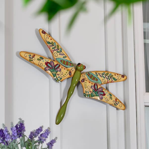 Evergreen Enterprises 23 in. Boho Dragonfly Metal Wall Sculpture, Cream/Green