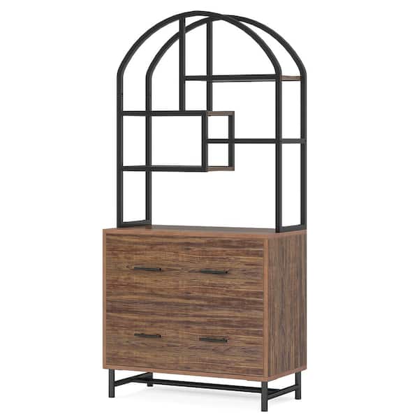BYBLIGHT Atencio 2-Drawer Brown Wood 33.5 in. W Vertical File Cabinet, Large Vertical Filing Cabinet with Bookshelf