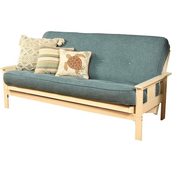 79 in. Antique White/Linen Aqua Linen Upholstered Full Size Futon Set with Mattress