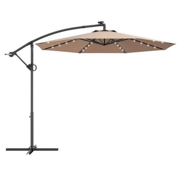 10 ft. Aluminum Market Solar Powered LED 360° Rotation Patio Offset Outdoor Umbrella in Beige