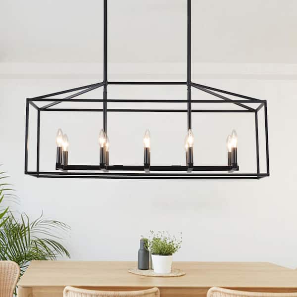 10-Light Farmhouse Black Rectangle Hanging Linear Island Chandelier Lighting for Kitchen Island