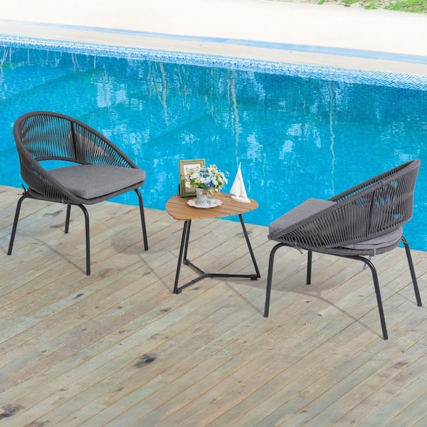 WONDER COMFORT Luxurious Black 3-Piece Metal Woven Rope Outdoor Bistro Set with Gray Cushion and Acacia Wood Coffee Table for Backyard