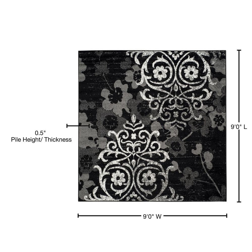 Black and Silver Floral Square Synthetic Area Rug
