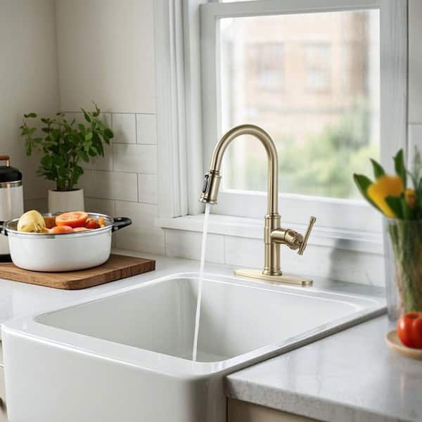 16 in. High-Arc 3-Mode Single Handle 360° Swivel Pull-Down Sprayer Kitchen Faucet with Deckplate in Brushed Gold
