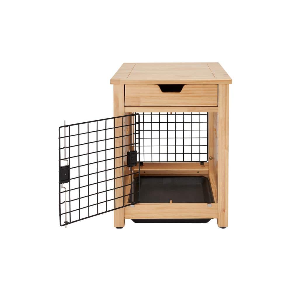 Small Beige and Brown Pine Wood Pet Crate End Table
