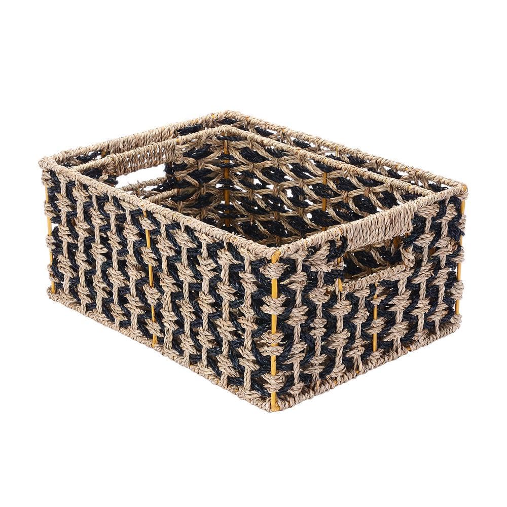 Set of 2 Black and Natural Seagrass Rectangular Storage Baskets