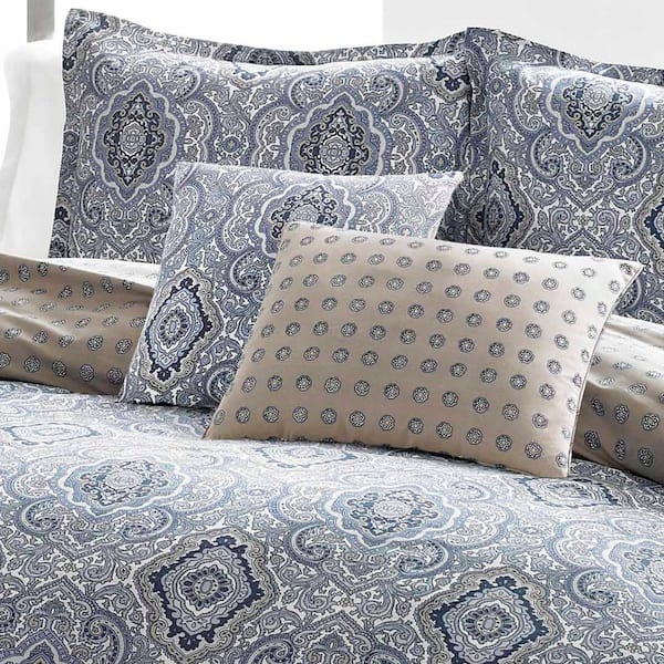 City Scene Milan 2-Piece Blue Damask Cotton Twin Comforter Set