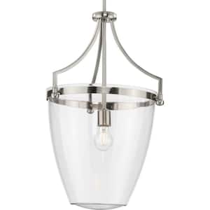 Parkhurst Collection 15.25 in. 1-Light Brushed Nickel New Traditional Pendant with Clear Glass Shade for Kitchen