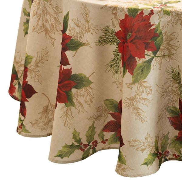 Threadmade Home Festive Poinsettia Holiday Fabric Tablecloth, Multicolor - 70"W x 70"L Round