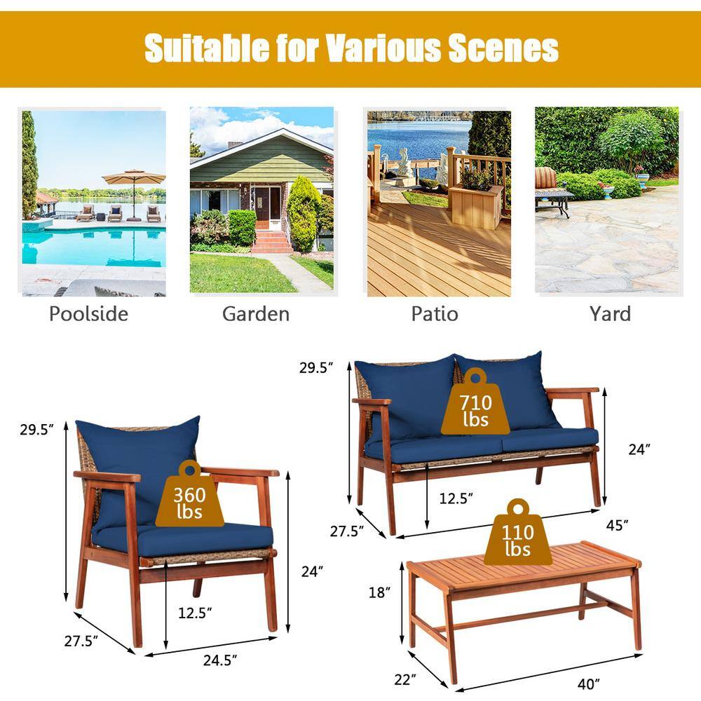Navy Acacia Wood and Rattan 4-Piece Outdoor Patio Set