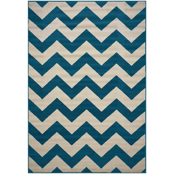 RugStylesOnline Modela Zigzag Blue and Tan 5 ft.x 7 ft. Chevron Synthetic Rectangle Area Rug