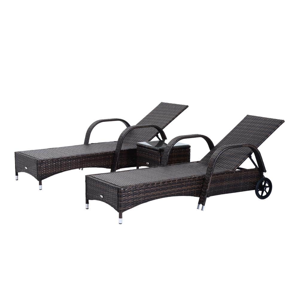 Brown and White Rattan Wicker Outdoor Chaise Lounge Set with Cushions