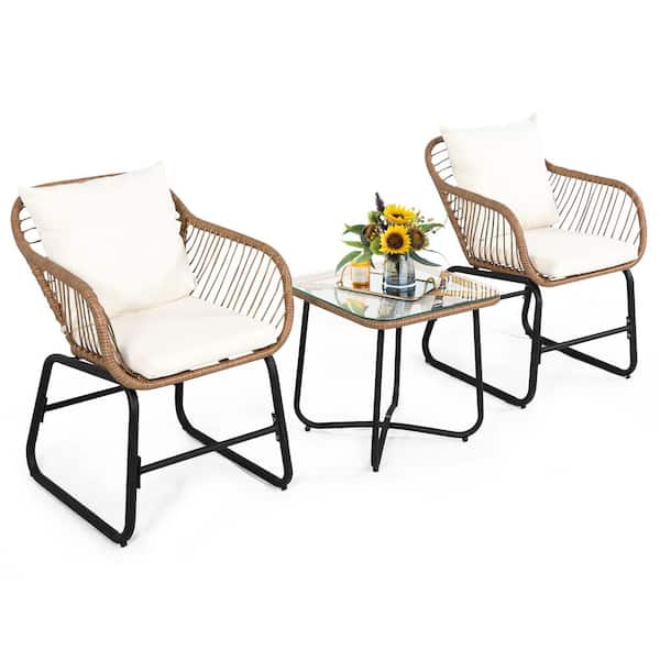 HONEY JOY 3PCS Wicker Patio Conversation Set Outdoor Bistro Set w/Washable White Cushion and 2 Armchairs for Backyard
