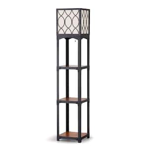 Vintage Iron 64 in. Black Shelf Floor Lamp with Hard Wood Shelves and Curve Pattern Shade