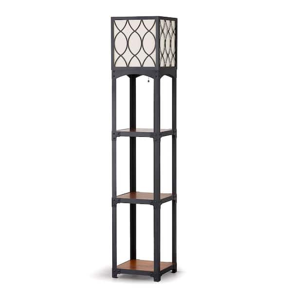 Matte Black Floor Lamp, cheapest with 2 Wood Shelves, Black Color