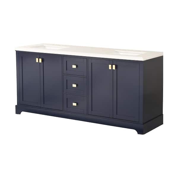 Zeafive 72 in. W x 22 in. D x 34. in. H Double Sink Freestanding Bath Vanity in Navy Blue with White Granite Top Bathroom Vanity
