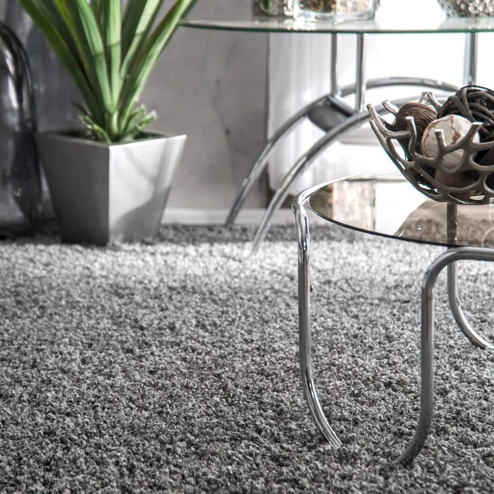 Luxurious Gray Shag 10' x 14' Synthetic Area Rug for High-Traffic Spaces