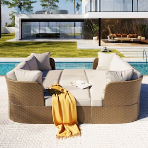 5-Piece Brown Wicker Patio Outdoor Conversation Sectional Set with Beige Thick Cushions, Suitable for Backyard, Porch