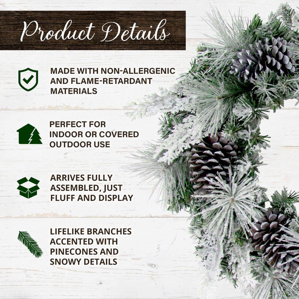 24-Inch Artificial Christmas Wreath with Pinecones and Snow Flocking