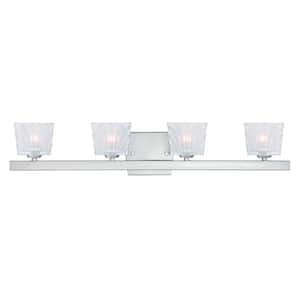 Volare 28.5 in. 4-Light Satin Platinum Contemporary Bathroom Vanity Light with Etched Glass Shades