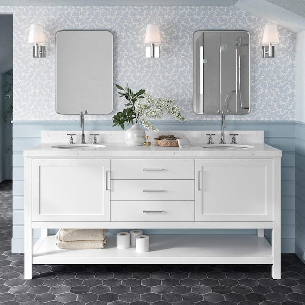 ARIEL Bayhill 72.25 in. W x 22 in. D x 36 in. H Double Sink Freestanding Bath Vanity in White with Man-Made Stone Top