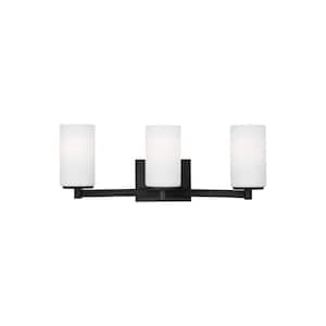 Hettinger 20 in. 3-Light Matte Black Transitional Contemporary Wall Bathroom Vanity Light with White Glass and LED Bulbs