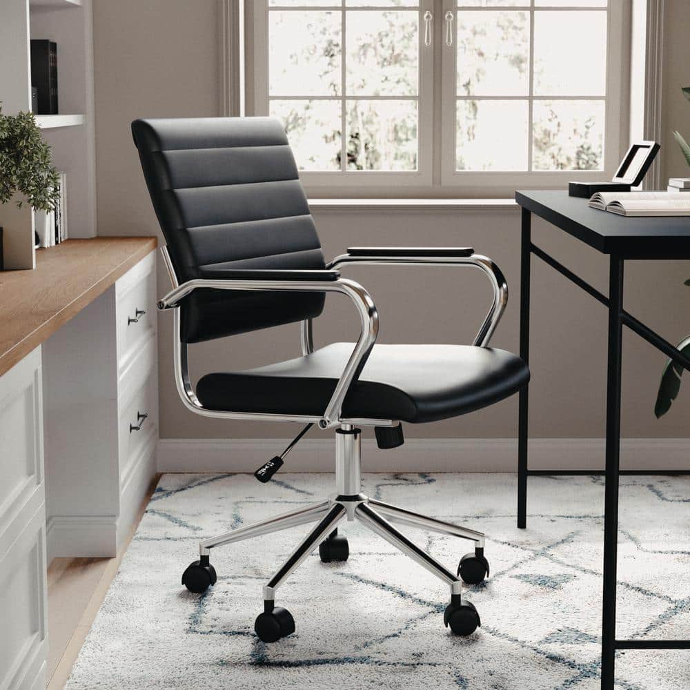 Piper Faux Leather Adjustable Height with Wheels Office Chair in Black Faux Leather/Polished Nickel with Arms