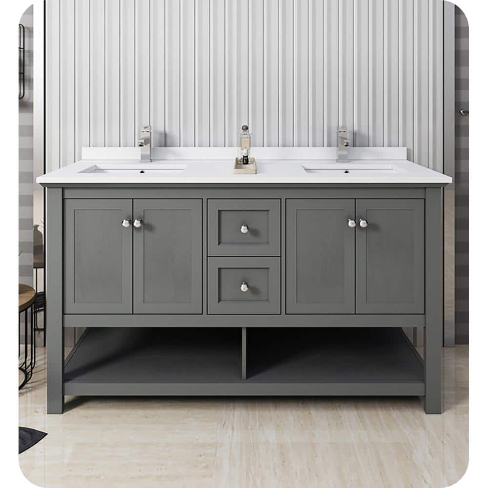 Gray Wood 60" Double Sink Freestanding Bathroom Vanity Base
