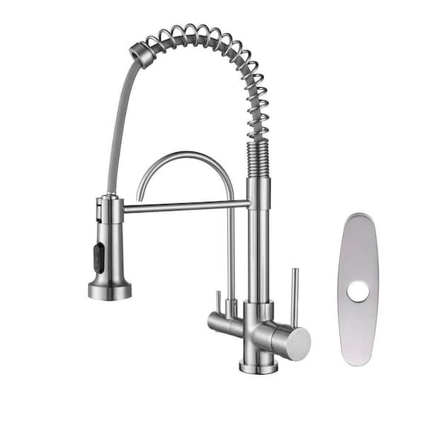 17.5 in. Double Handle Pull Down Spray Kitchen Faucet with Drinking Water Filter and 360° Spout in Brushed Nickel