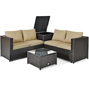 4-Piece Wicker All Weather PE Garden Outdoor Patio Conversation Sofa Set with Brown Cushions, Storage Box
