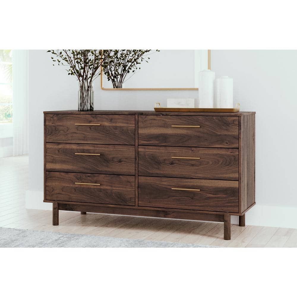Dark Brown 6-Drawer Walnut Wood Dresser with Goldtone Handles