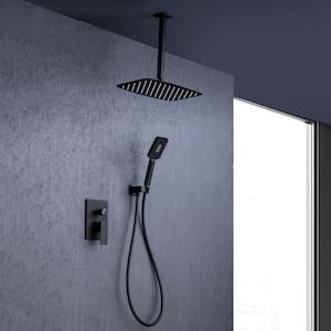 Mondawell Square 3-Spray Patterns 12 in. x 8 in. Ceiling Mount Rain Dual Shower Heads w/ Handheld & Valve in Matte Black