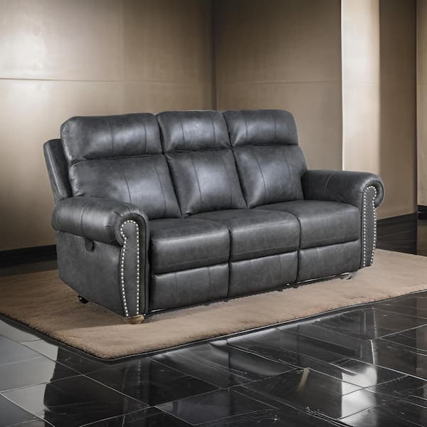 Benjara 83 in. Round Arm Faux Leather Rectangle Manual Recliner Sofa in Gray