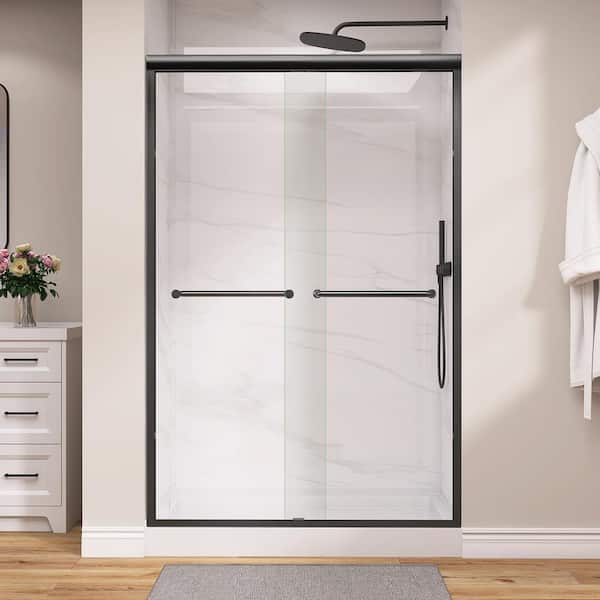 Zeafive 44 to 48 in. W x 72 in. H Double Sliding Shower Door in Matte Black Framed Bypass Alcove Shower Door with Clear Glass