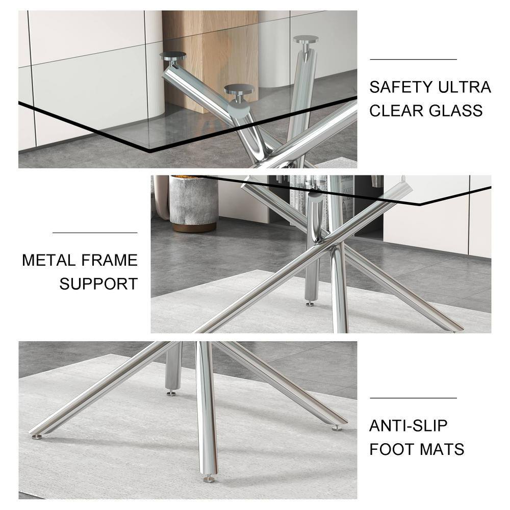 63 Inch Clear Glass Dining Table with Silver Chrome Cross Legs