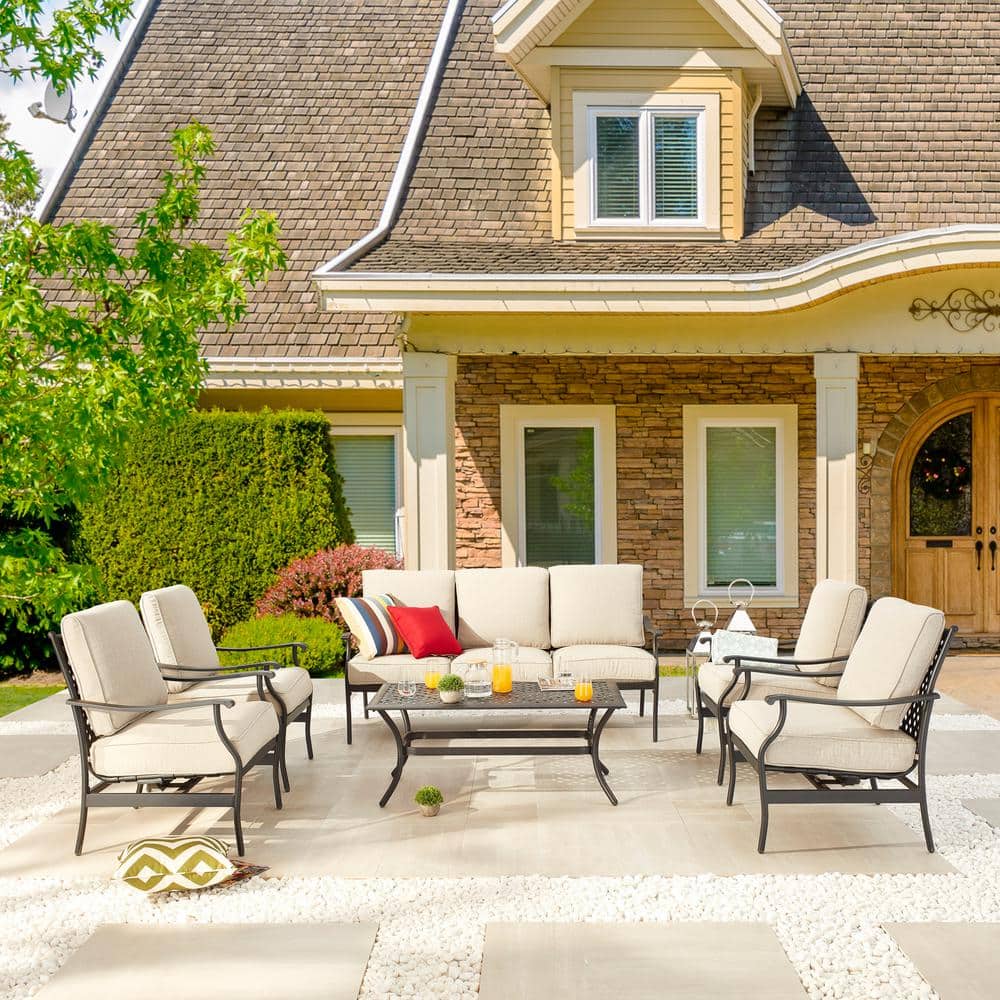 Patio Festival 6Piece Metal Patio Conversation Set with Beige Cushions