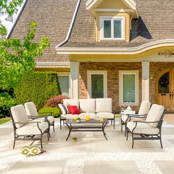 Patio Festival 6-Piece Metal Patio Conversation Set with Beige Cushions