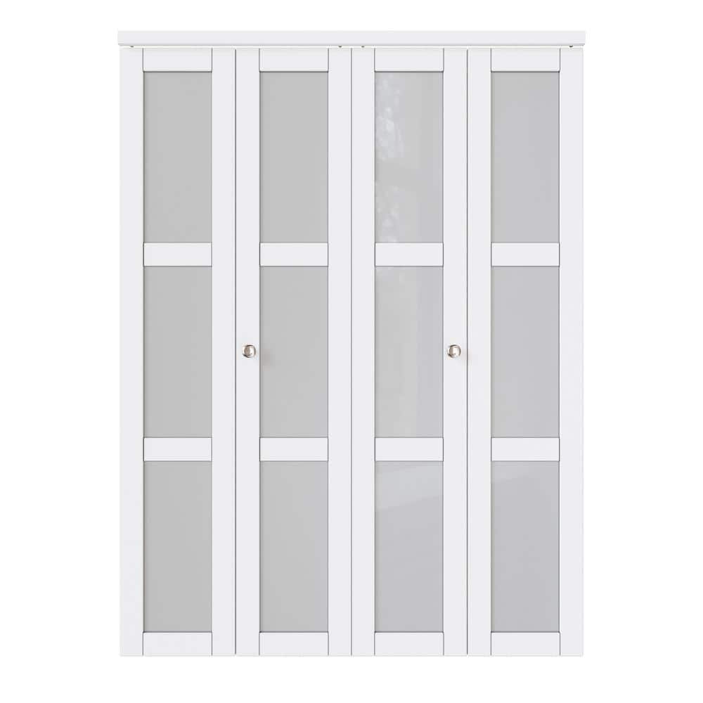 60 in. x 80 in. White MDF Bi-Fold Door with Frosted Glass Panels