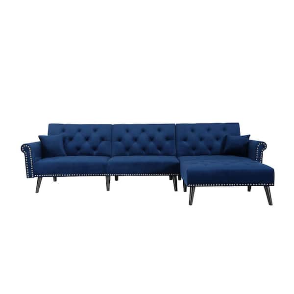 FORCLOVER 115 in. Navy Velvet 4-Seat Convertible Twin Sleeper Sofa Bed with Metal Nails