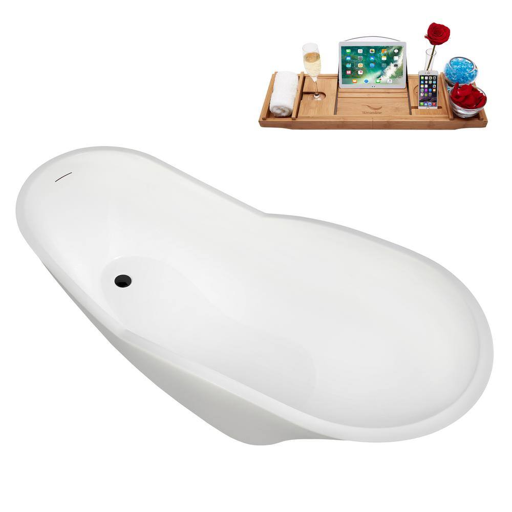 67" Glossy White Acrylic Freestanding Soaking Bathtub with Matte Black Trim