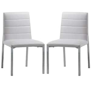 White and Chrome Vegan Faux Leather Channel Tufted Dining Chair (Set of 2)